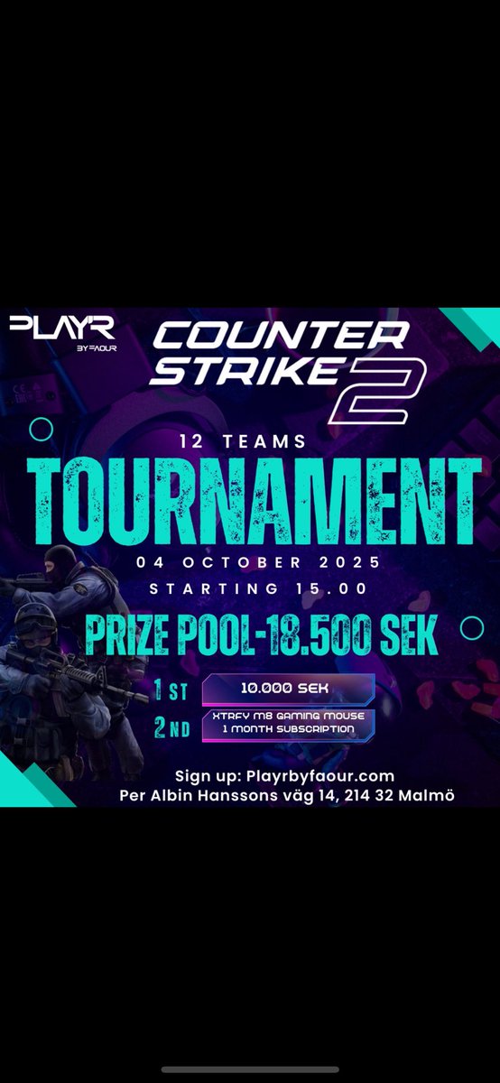 ZyppeCS2's tweet image. Dags för turneringen nummer två på PLAYR. Efter lördagens succé så höjer vi ribban med både fler lag och större prispott.

🥇10 000 SEK cash
🥈XTRFY M8 och en gratis månad hos oss

Ett värde på omkring 18 500 SEK

12 lag kommer få chansen att tävla om prispotten och turneringen…