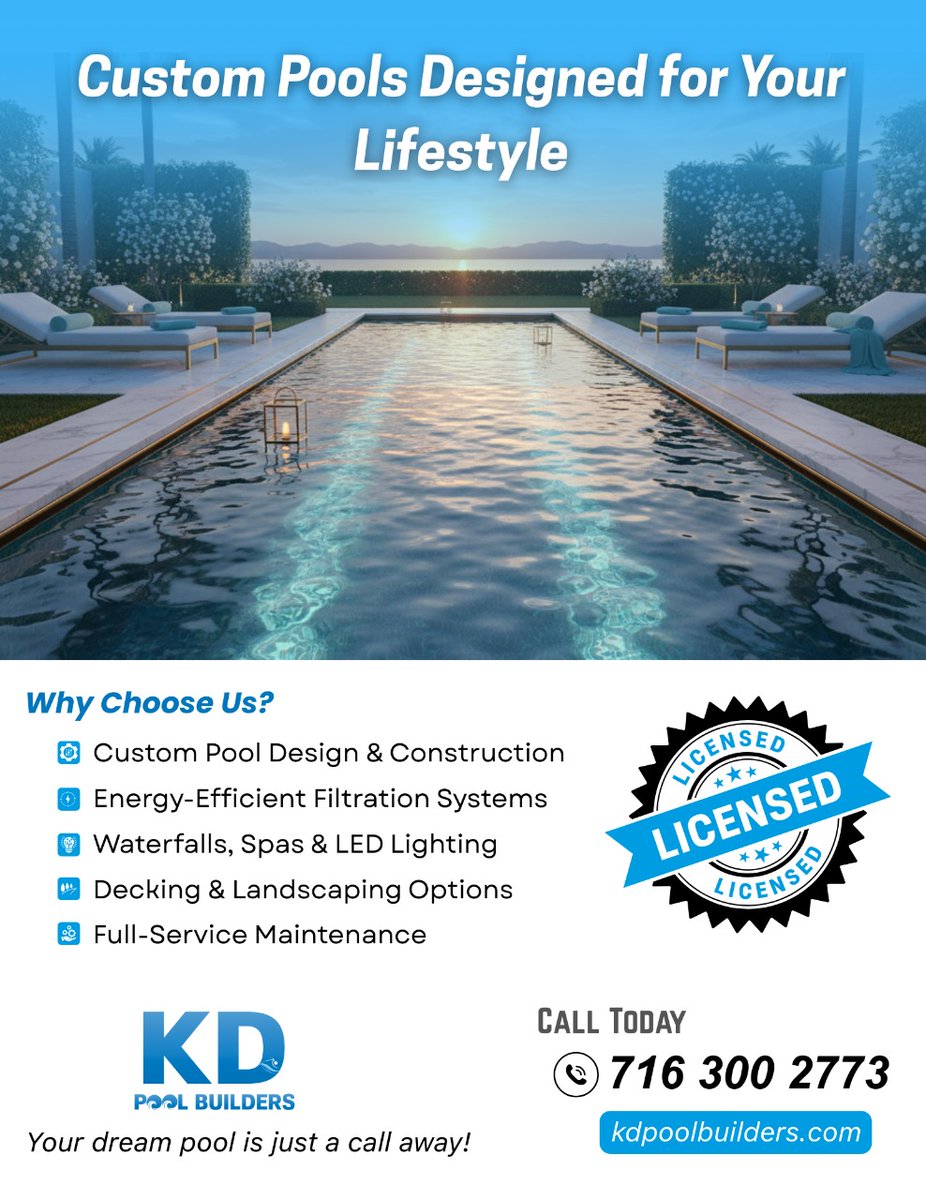 kdpool_builders's tweet image. ☀ Sunset, glowing water, soothing waterfall, your own custom pool steps from home. KD Pool Builders designs, builds &amp;amp; maintains pools for everyday escapes. No travel needed, just pure backyard luxury. 
📞 716-300-2773 🌐 kdpoolbuilders.com 
#DreamPoolDesign #LuxuryBackyard