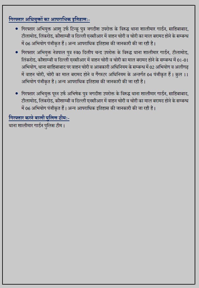 थाना शालीमार गार्डन पुलिस टीम द्वारा चेकिंग के दौरान दो पहिया वाहन चोरी करने वाले 03 अभियुक्त गिरफ्तार, कब्जे से चोरी की 01 मोटर साइकिल व अभियुक्तों की निशानदेही से चोरी की 02 मोटर साइकिल व 02 स्कूटी(कुल 05 दो पहिया वाहन) बरामद ।
<a href="/Uppolice/">UP POLICE</a> 
<a href="/ghaziabadpolice/">POLICE COMMISSIONERATE GHAZIABAD</a>
