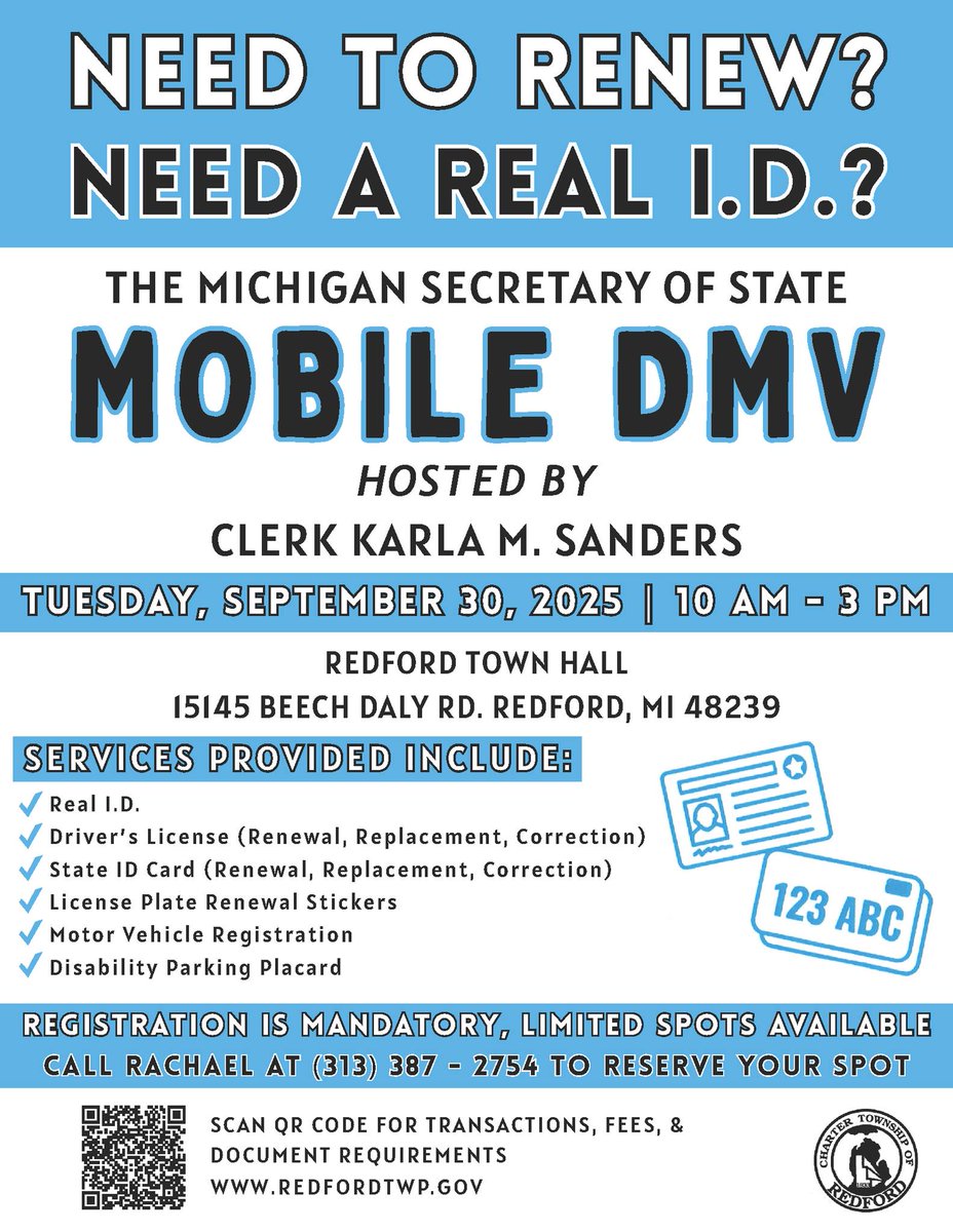 StateRepSteph's tweet image. Michigan Secretary of State is bringing their show on the road again with their mobile DMV services at Town Hall on September 30th. Registration is required and space is limited so click here for details today: redfordtwp.gov/calendar.aspx?…