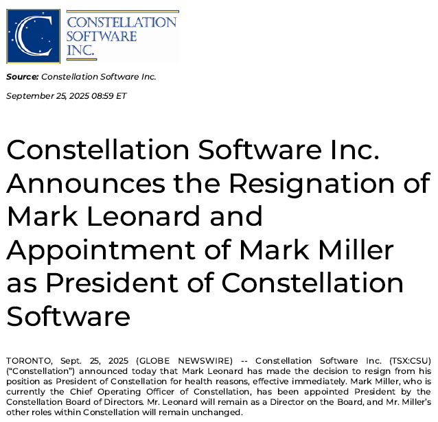 $CSU.TO 

ML is retiring for health reasons ☹️

Mark Miller takes the helm (former COO) He's extremely prepared and capable, we're in good hands, but brace yourselves for some volatility

Get well soon and thanks for everything 🫶❤️