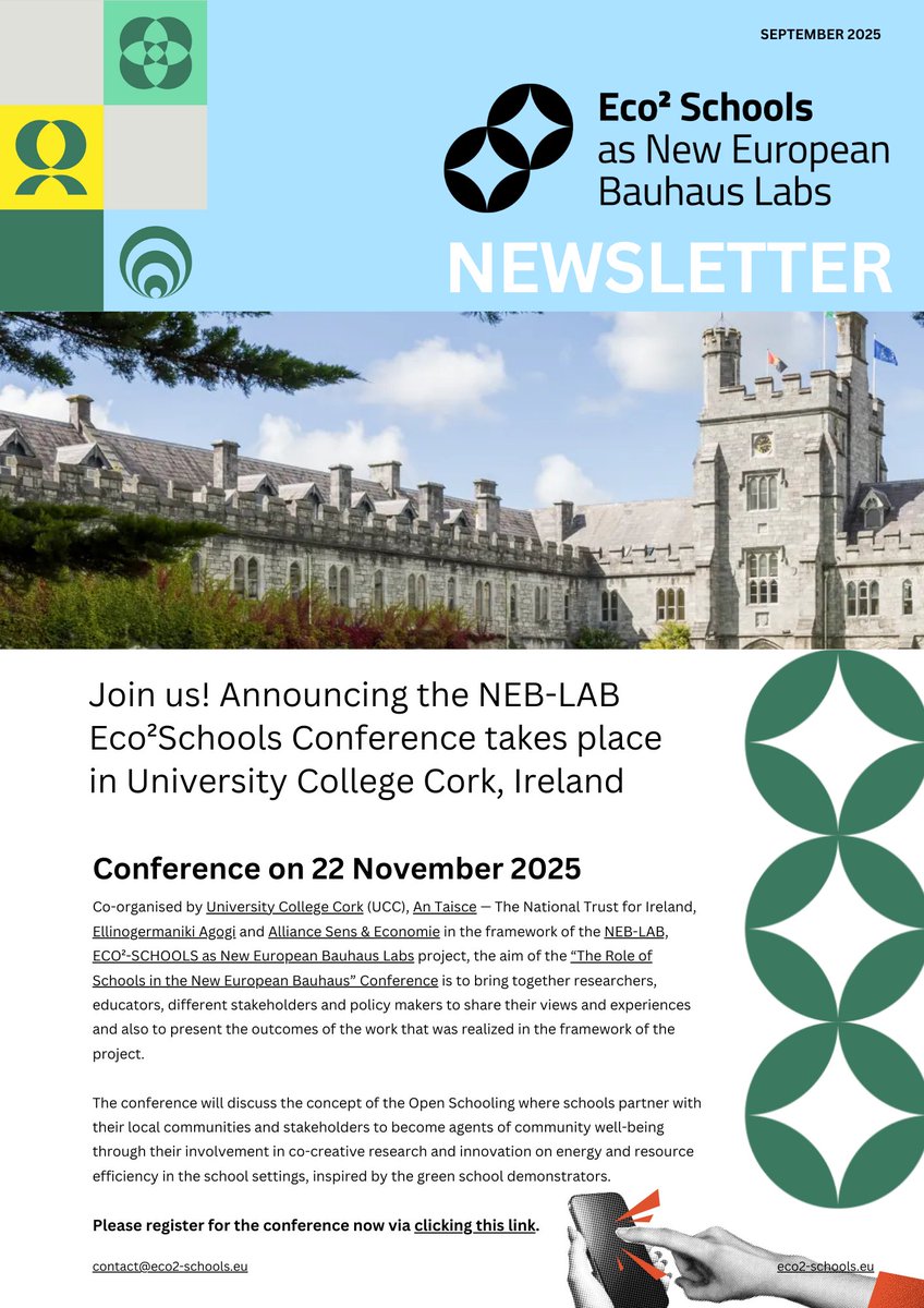 eco2schools's tweet photo. Download our newsletter now.
All the details of 'The Role of Schools in the New European Bauhaus' conference on 22 November in @UCC and the call for special edition papers.
https://t.co/IOcewym7HB
#NEBLAB
#NewEuropeanBauhaus
#ErasmusPlus
#GreeningEducation https://t.co/u4Bffb1fzm