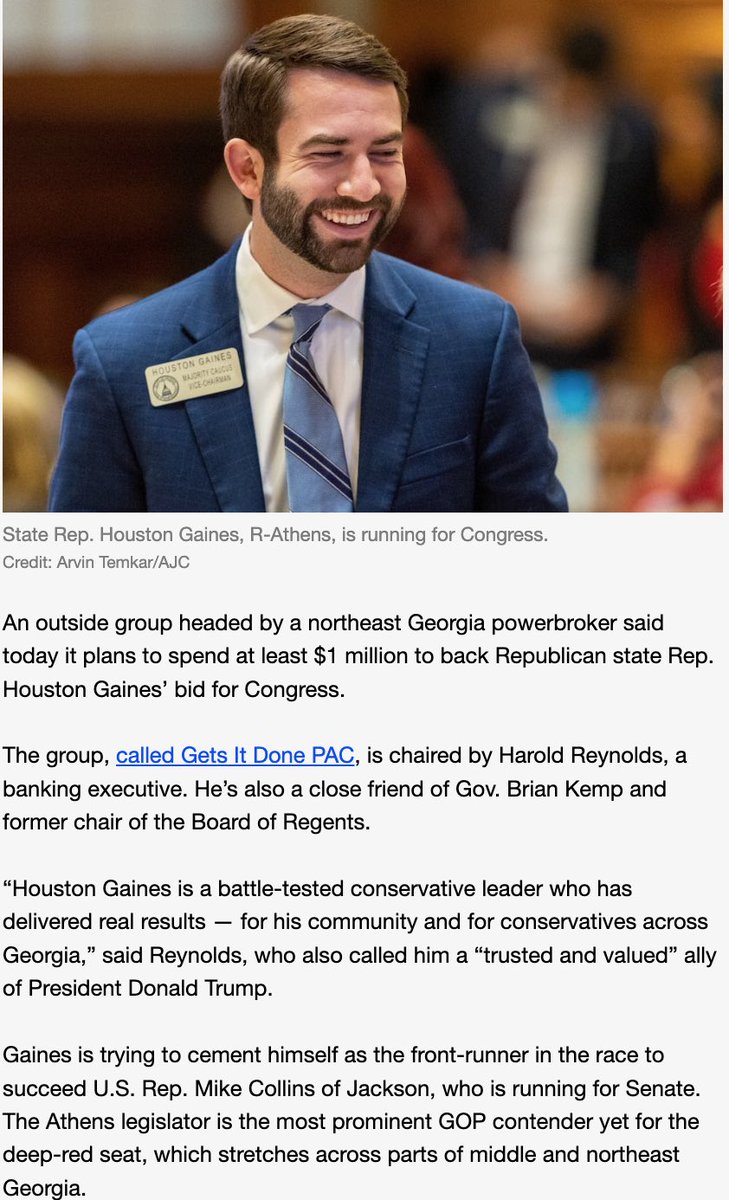 houstongaines's tweet image. Via the AJC earlier this week. 

Leaders in our state like Harold Reynolds know we need a strong conservative voice in DC. That’s why I’m working overtime to keep this seat red next year!