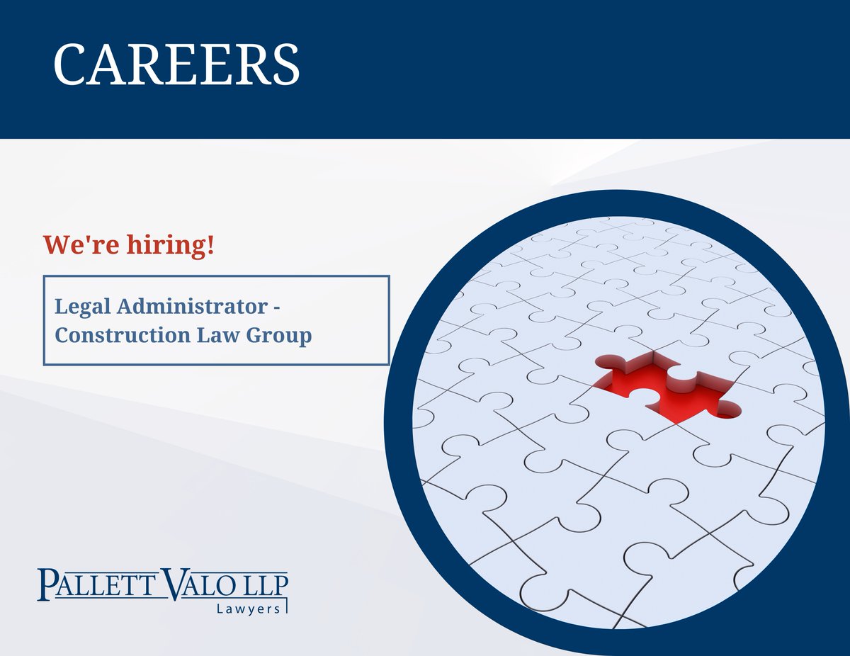 Pallett Valo’s Mississauga office has an opportunity for a Legal Administrator to join our Construction Law Group. If you are interested in working for one of the largest law firms in Peel Region, we would love to hear from you! ow.ly/j0cA50X1QX1 
#legaljobs #lawfirm