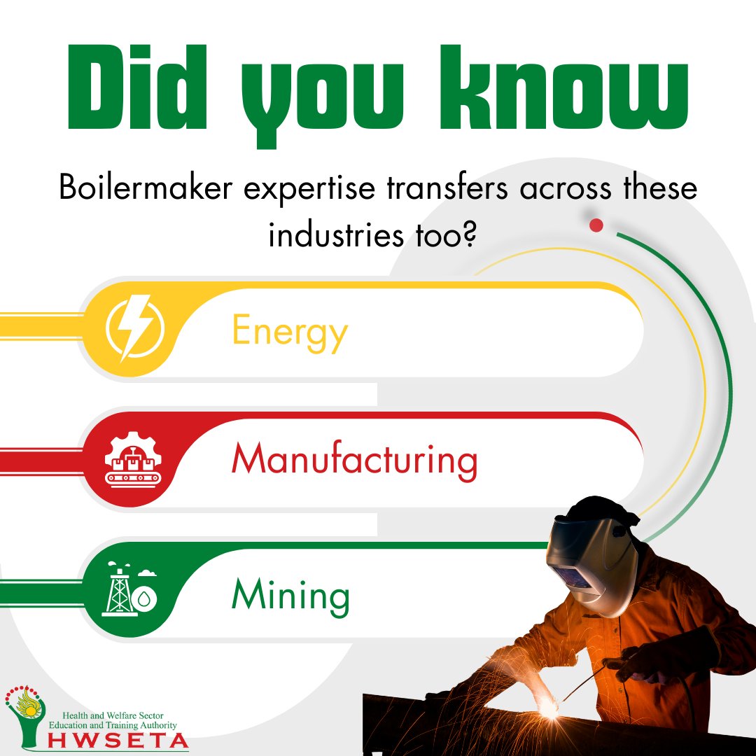 🔥Boilermaker qualifications support health sector facilities. Your welding and fabrication skills keeps 🏥 hospitals, 🧪 research labs, and 🏥 clinics running smoothly.

Explore these and other careers at HWSETA’ Career Guidance Exhibition at De Aar TVET College later this week