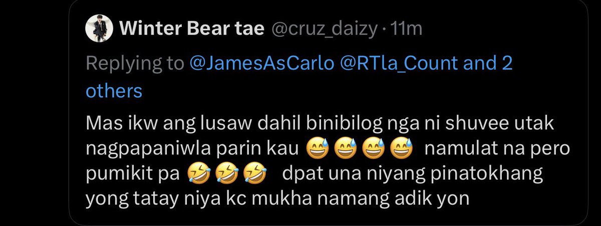 These words are the same reason, kung bakit ang lala ng extra judicial killings. Tamang hinala! Ewan kung against talaga to sa mga Duterte, eh like-minded naman pala sila. Galit kay Shuvee pero ganto magisip? Nakakahiya fan mo <a href="/_AZMartinez/">AZ Martinez</a>. Ganto kayo sa fandom nyo <a href="/TeamAZOFC/">TEAM AZ OFFICIAL</a>?