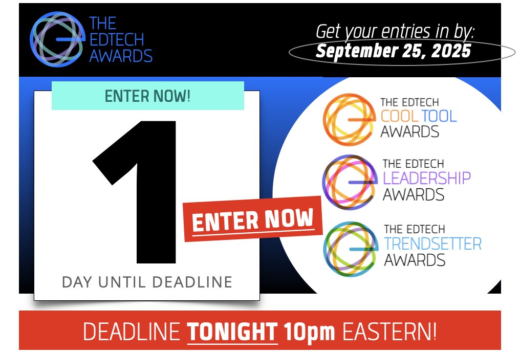 edtechdigest's tweet image. THE EDTECH AWARDS 2026
Our regular entry deadline is tonight at 10 pm Eastern.
Entry is quick and easy. 
ENTER HERE: edtech.awardsplatform.com

(after you submit, you&apos;ll still be able to access and 
edit your entries for a couple more weeks - but submit today!)