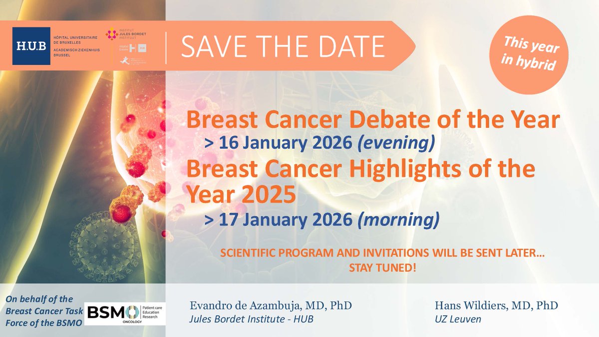 E_de_Azambuja's tweet image. Save the Date!
Join us for the #BreastCancer Debate of the Year and the most exciting highlights of 2025.

Stay tuned - full program details coming soon!

January 16-17, 2026 at The Hotel, Brussels. 
@JulesBordet @mybsmo, Hans Wildiers