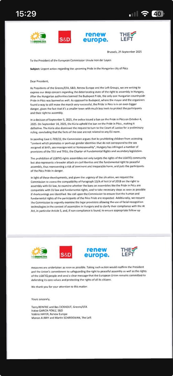 Freedom of assembly is a fundamental right for every EU citizen, whether in Berlin, Paris, Budapest, or Pécs.

We call on the European Commission to live up to its responsibility as guardian of the treaties and to urge the Hungarian authorities to lift the ban on Pécs Pride 🌈 🇪🇺