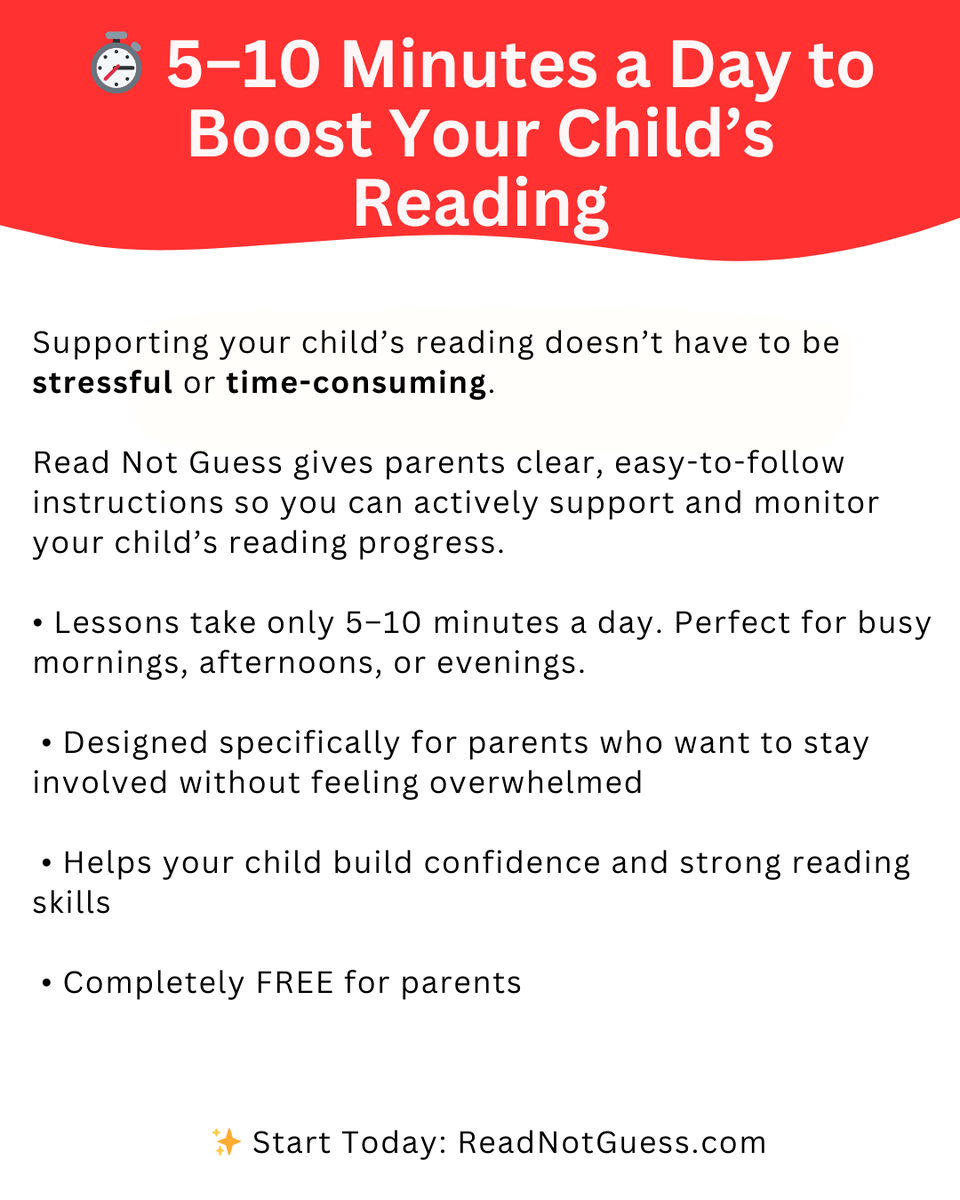 ReadNotGuess's tweet image. 5-10 Minutes a Day to Boost Your Child's Reading 
#ReadNotGuess #ReadingProgram #Literacy