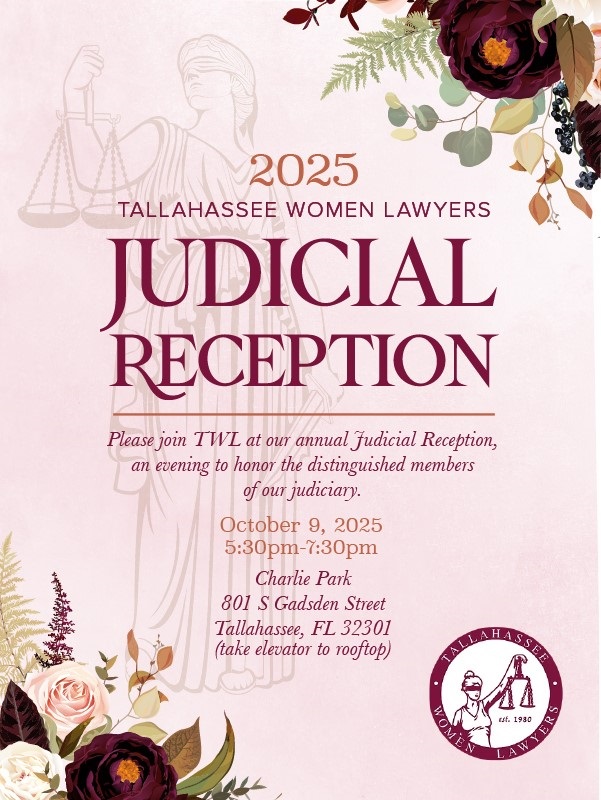 October 9, 2025, is TWL’s annual Judicial Reception! Our flagship event brings the legal community together to honor the distinguished members of our judiciary. Sponsorships are available: email president@mytwl.org

⭐Charlie Park | 5:30-7:30 pm
⭐Tickets: square.link/u/Uny51LR4