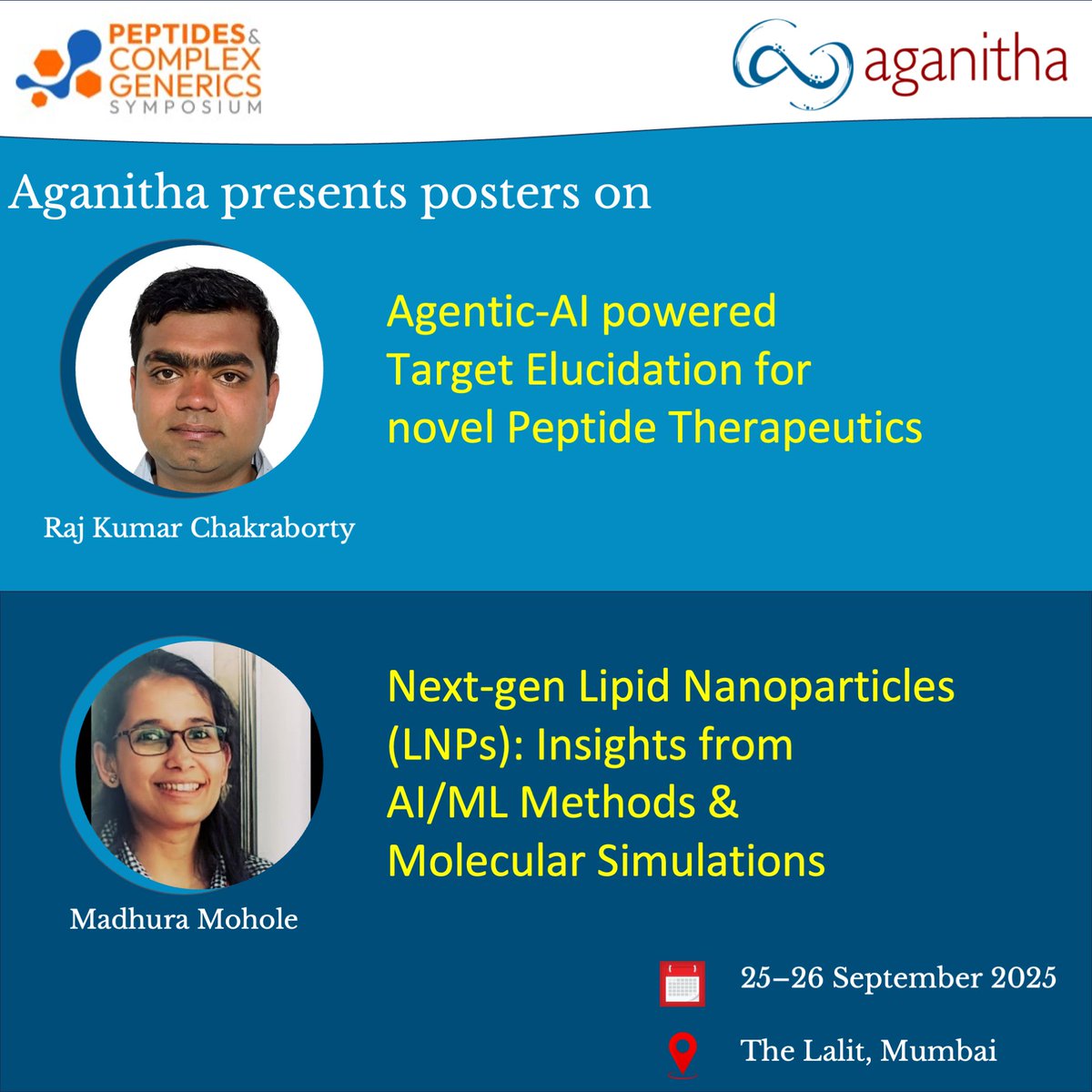 AganithaAI's tweet photo. Meet @MadhuraMohole and Raj Kumar Chakraborty at the #Peptides &amp; Complex Generics Symposium to see how Agentic &amp; Generative #AI along with molecular simulations are accelerating Target elucidation, #LNP engineering and more for peptides &amp; other complex biological therapeutics. https://t.co/JWg4aAanDl