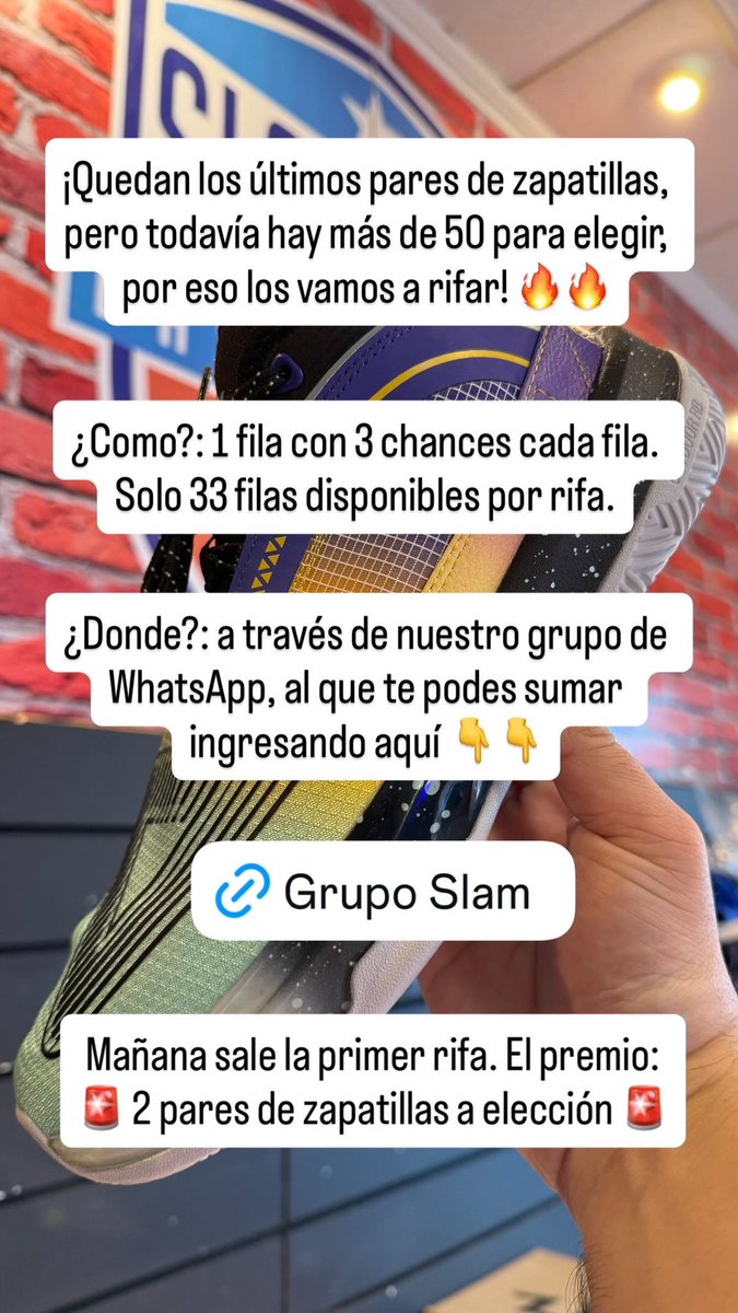 🚨 ¡RIFA! 🎁 Se sortean 2 pares de zapatillas a elección para el ganador 🚨

¿Queres participar? ¡Súmate acá! 👇👇

📲  chat.whatsapp.com/HZhCI6asasZ6sT…