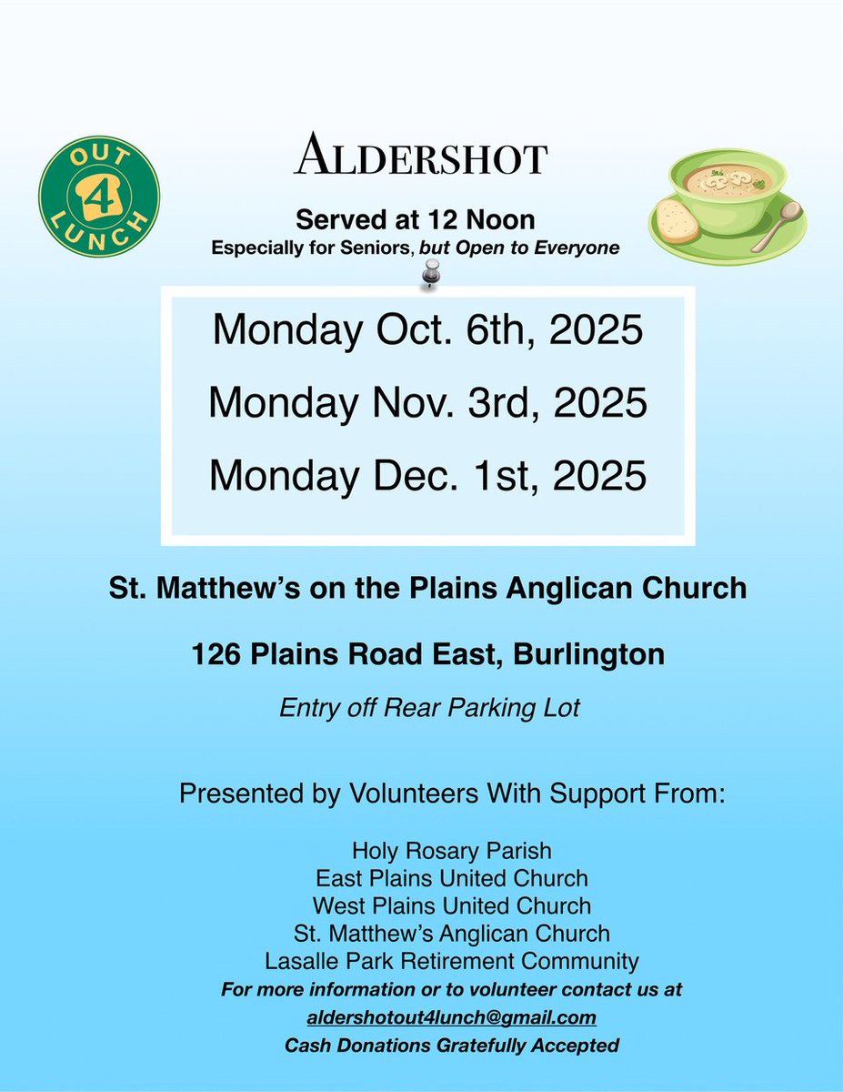 Out-4-Lunch Aldershot is happening this Monday, Oct. 6., where you can enjoy a free community meal. Especially for seniors, but open to everyone!