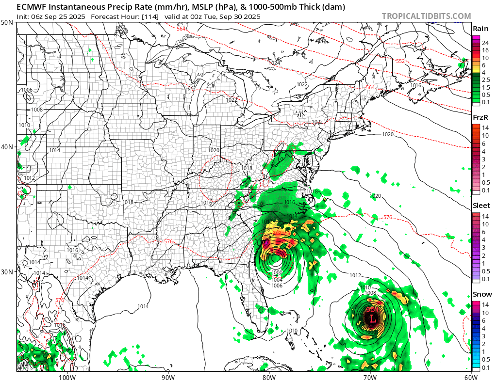 Monday could see a rare occurrence as two tropical cyclones spin within 600mi of one another. The eastern most storm, Humberto, could be a strong hurricane but likely stays out to sea. The westernmost storm, likely Imelda, could very well make landfall in the Southeast as a