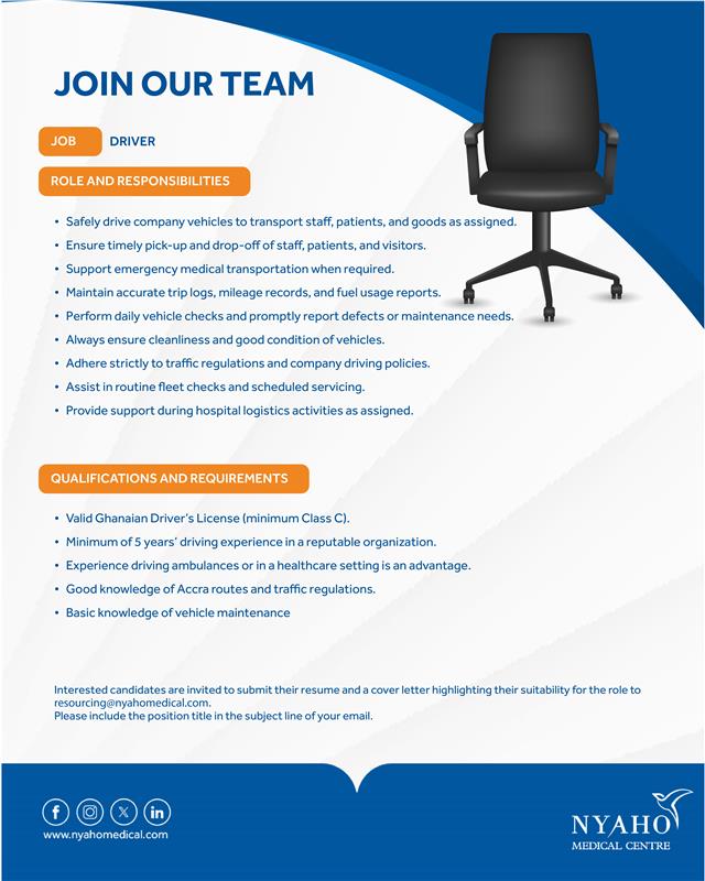 We're hiring a Driver at Nyaho Medical Centre! 

📅 CV deadline: 3rd Oct 2025 
📧 Apply: resourcing@nyahomedical.com 

Only shortlisted candidates will be contacted.

#JoinOurTeam #Driver #JobOpportunity #Healthcare #Nyaho