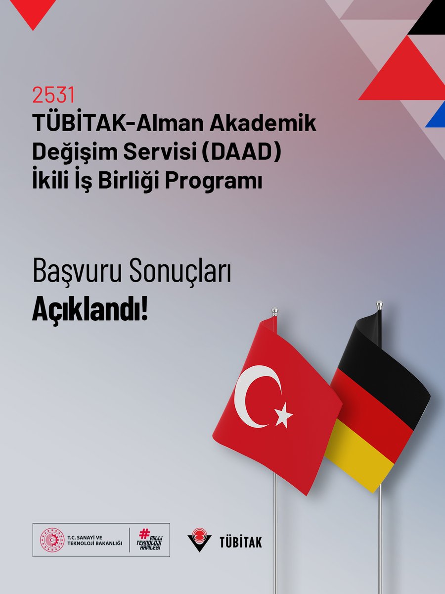 📢 TÜBİTAK-Alman Akademik Değişim Servisi (DAAD) İkili İş Birliği Programı Başvuru Sonuçları açıklandı!

Çağrı kapsamında 9⃣ ortak projenin desteklenmesine karar verildi. 👏

Detaylar: 👇
tubitak.gov.tr/tr/duyuru/2531…