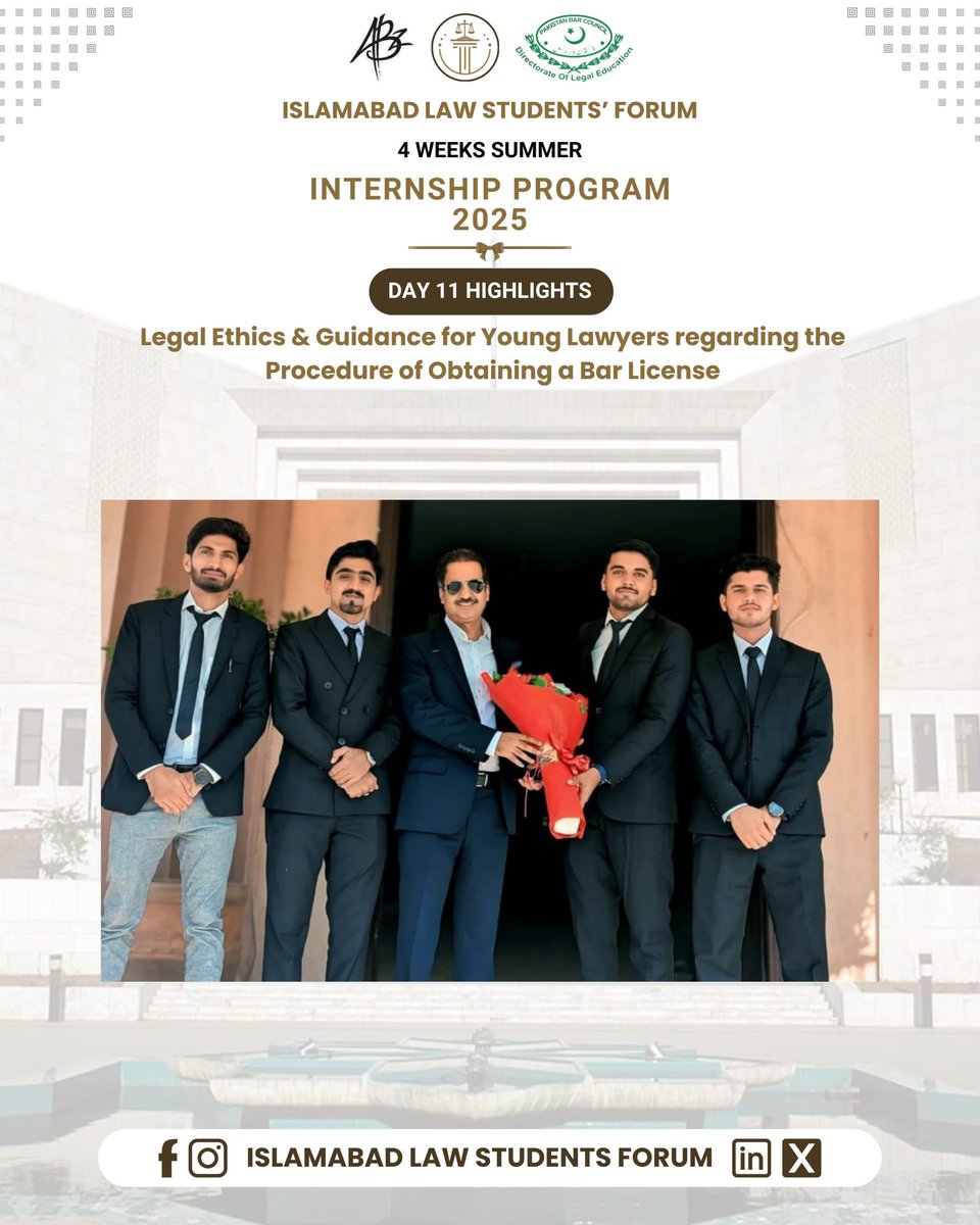Isblawstudents's tweet photo. Day 11 Highlights
Our distinguished Speaker,
Adil Aziz Qazi
Former Vice Chairman Islamabad Bar Council 
delivered  practical insights on:

Career Counselling &amp; Mentorship Session
Session on Legal Ethics &amp; Guidance for Young Lawyers regarding procedure of obtaining Bar Llicense. https://t.co/qvbfBvkEfJ