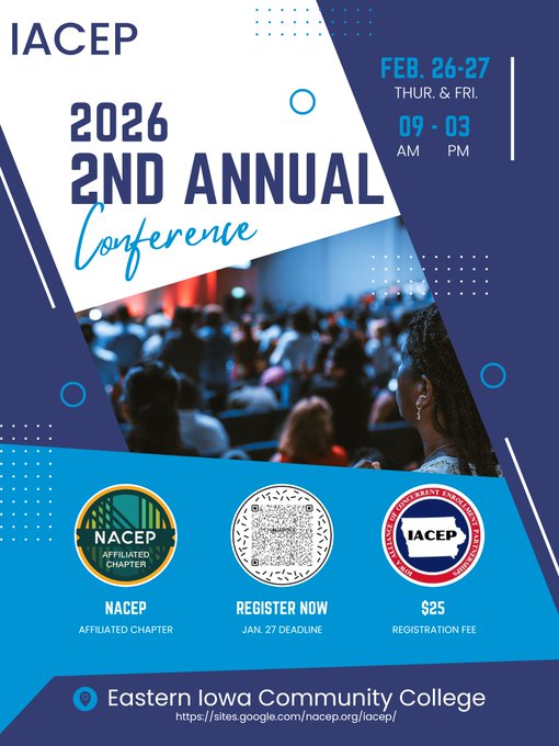 IowaNACEP's tweet photo. Please join us at Eastern Iowa Community College for our 2nd annual Iowa Alliance of Concurrent Enrollment Partnerships Conference on February 26-27. Scan the QR code below to register. Registration deadline: January 27. @NACEPtweets @IADeptofEd @tweet_eicc @IowaSCAtweets https://t.co/HBX2Dl8nnD