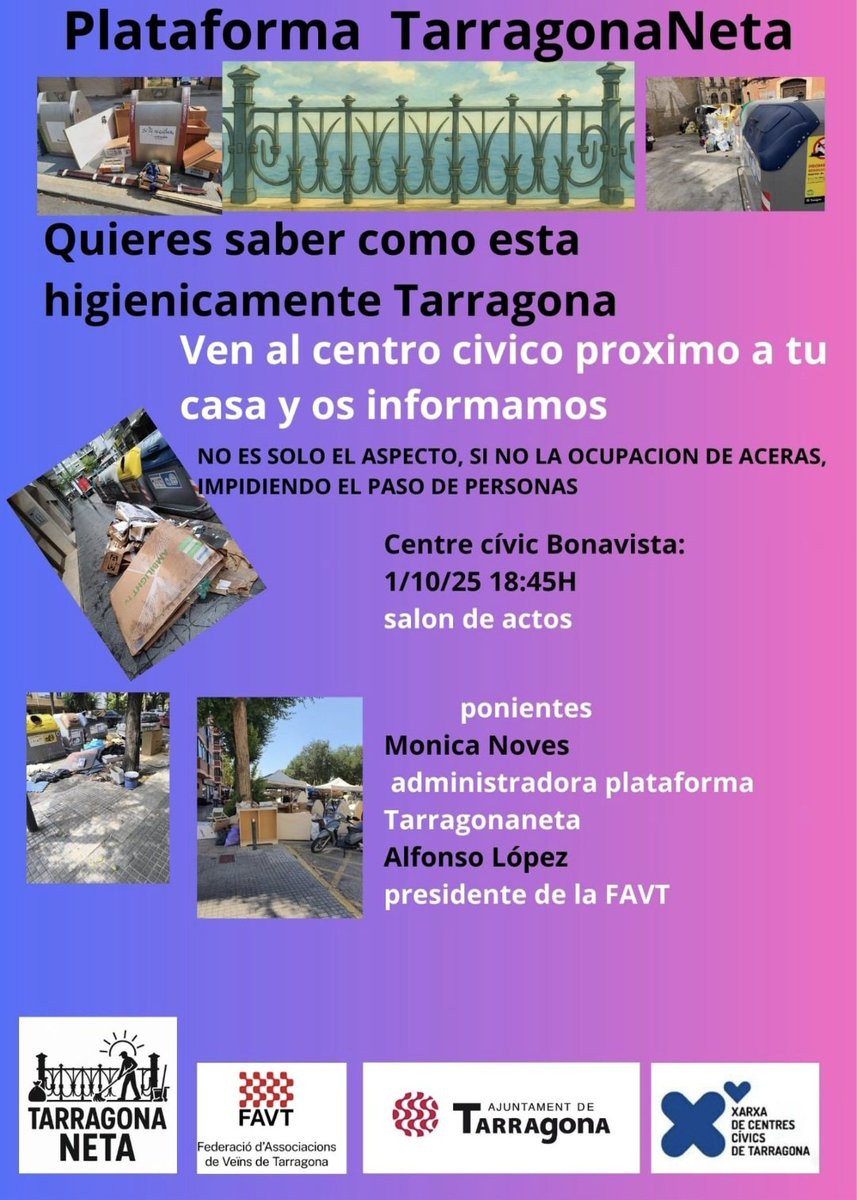 Att. Veïns de #Bonavista 🔊🔊🔊
El dimecres 1 OCT a les 18.45h estarem al vostre Centre Cívic ❤️
Volem: parlar amb vosaltres, explicar-vos la situació sanitaria de la ciutat, us explicarem qui som i les nostres propostes. 
La <a href="/Plat_TgnaNeta/">PlataformaTarragonaNeta</a> i la <a href="/FAVTTarragona/">FAVT Tarragona</a> us esperem ❗️❗️