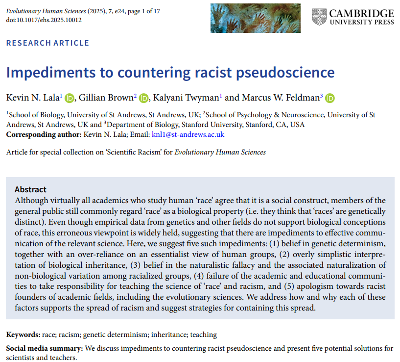 Journal_EHS's tweet photo. Impediments to countering racist pseudoscience - https://t.co/DGm1ucotky

By Kevin N. Lala, Gillian Brown, et al.

#race #racism #geneticdeterminism https://t.co/CFcv0md1vm