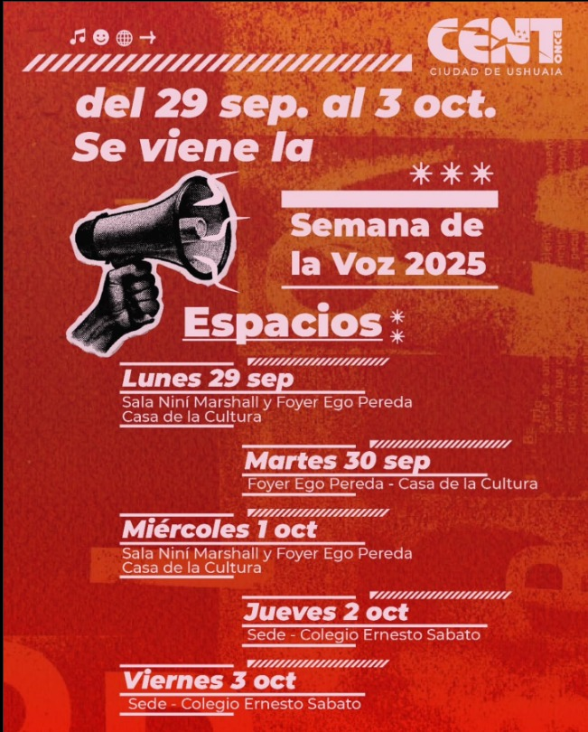 Charlamos con Dante Pellegrino, Rector CENT 11, sobre lo que será la "Semana de la Voz 2025" entre el 29 de septiembre al 3 de octubre.

<a href="/solagusti/">Sol Agusti</a> <a href="/nestorschumy/">nestor schumacher</a> <a href="/TiempoFueguino/">Tiempo Fueguino</a>