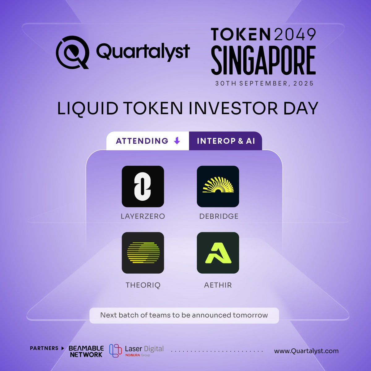 quartalyst's tweet image. 🔥 Third batch of protocols joining Quartalyst Investor Day includes two leading interop providers and two crypto x AI trailblazers: @LayerZero_Core, @debridge, @AethirCloud &amp;amp; @TheoriqAI

The must-attend event for liquid token projects + funds during @token2049. More tomorrow 👀