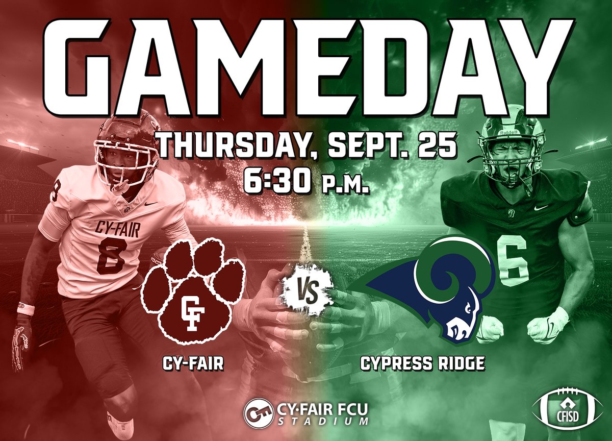 Berry Center (@berrycenter) on Twitter photo 🏈<a href="/BFND_Football/">Cy-Fair HS Football</a> 🆚 <a href="/RamNationCRHS/">Ram Nation</a>
⏰ 6:30 PM | 🏟 Cy-Fair FCU Stadium
Thursday night football! 🔥 Don’t miss it! #CFISDAthletics @CFISD_Athletics 🏈<a href="/BFND_Football/">Cy-Fair HS Football</a> 🆚 <a href="/RamNationCRHS/">Ram Nation</a>
⏰ 6:30 PM | 🏟 Cy-Fair FCU Stadium
Thursday night football! 🔥 Don’t miss it! #CFISDAthletics @CFISD_Athletics