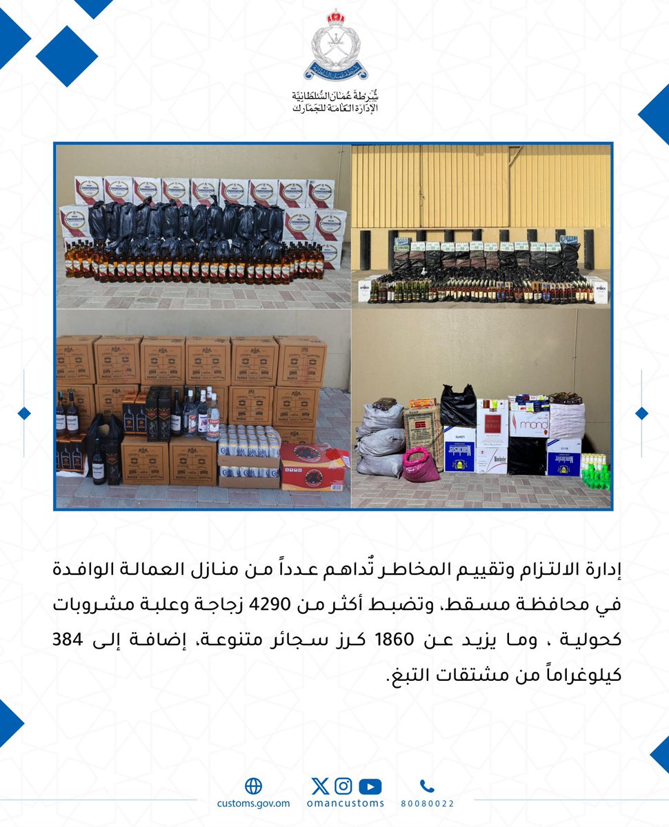 #ضبطيات || إدارة الالتزام وتقييم المخاطر تٌُداهم عدداً من منازل العمالة الوافدة في محافظة مسقط، وتضبط أكثر من 4290 زجاجة وعلبة مشروبات كحولية ، وما يزيد عن 1860 كرز سجائر متنوعة، إضافة إلى 384 كيلوغراماً من مشتقات التبغ.
#جمارك_عُمان 
#شرطة_عمان_السلطانية