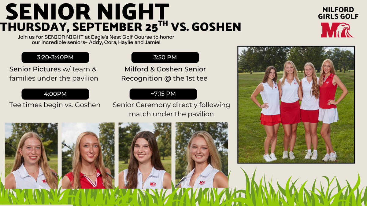 Senior Night is tonight! ❤️🖤🤍 Come out and support our 4 amazing seniors!  #MilfordGolf #Seniors #Classof2026