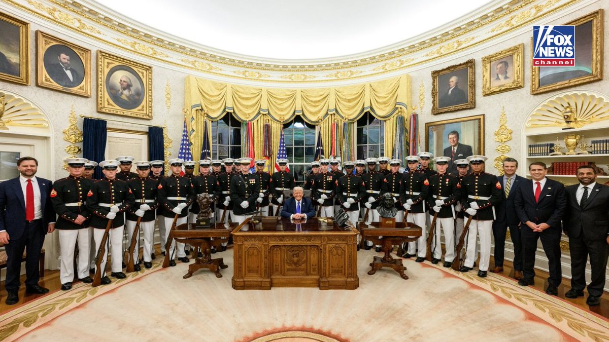 SALUTE TO SERVICE: President Trump honored the elite Marine Corps Silent Drill Platoon in the Oval Office — presenting each member with a Presidential Challenge Coin.