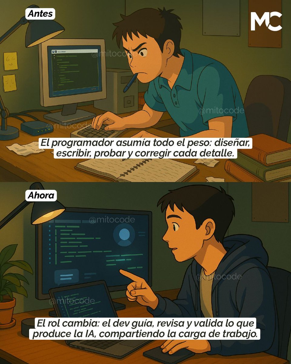 mitocode's tweet image. ¡Hey Coder! 🙋🏻♀️🙋🏻♂️. Antes, escribir cada línea de código era obligatorio 😓. Hoy, con Vibe Coding, basta con guiar a la IA con prompts claros y todo fluye 🚀

Y tú Coder, ¿Qué prefieres, lo clásico o lo nuevo? 🤔
.
#mitocode #programador #programacion #tecnologia #vibecoding