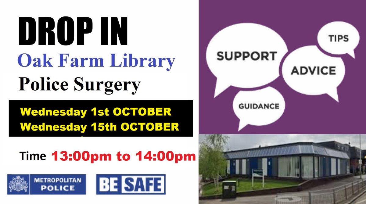 Reminder : Come along to our Police Surgery at Oak Farm Library on Wednesday 1st OCTOBER between 13:00pm to 14:00pm. Drop in and share your concerns with us. 
We will be available to assist you and record any concerns or complaints.
