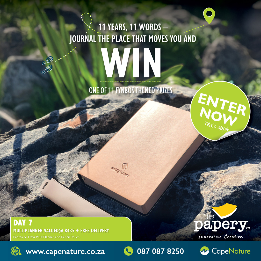 CapeNature1's tweet image. Tell us how you connect to nature in just 11 words and WIN one of 11 daily prizes.

🌿 Follow The Papery and CapeNature
🖊 Share this post and comment with your 11-words
🎁 Win a new prize every day
🌟 Day 11 = Lucky draw! T&amp;amp;Cs apply. 

#CapeNaturexThePapery #AccessWeek
