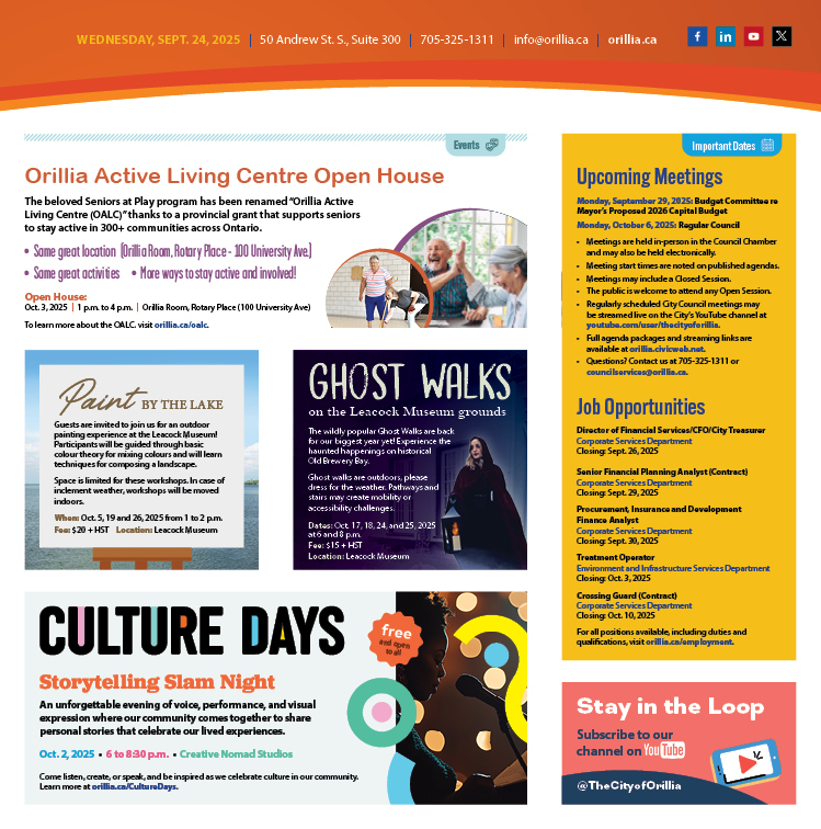 📣📰Stay up to date on important City of #Orillia information with the Weekly Bulletin. Check out the Sept.24, 2025, edition on our website at  orillia.ca/communications. You can sign up to receive the Weekly Bulletin right to your mailbox 📧 at orillia.ca/subscribe.