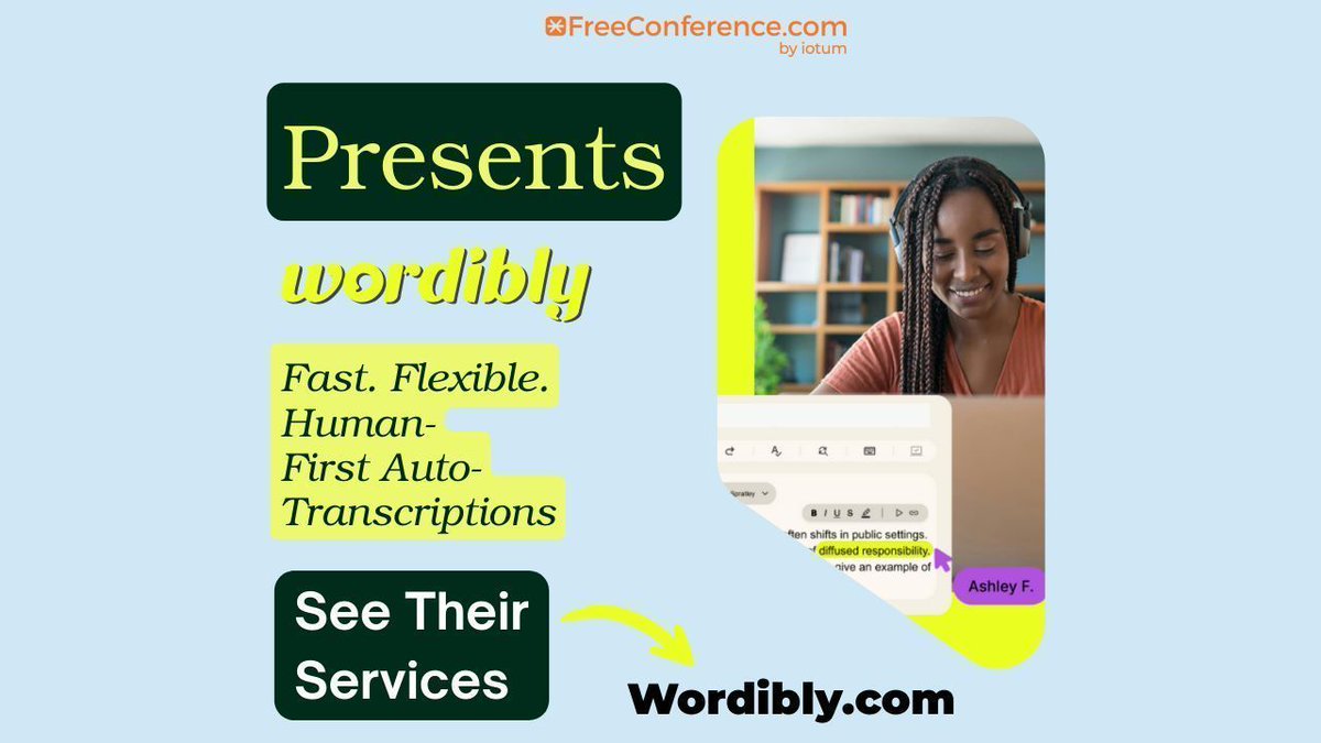 FreeConference's tweet image. Fast. Accurate. Human. 
Now, through our new partnership with Wordibly, you can upgrade your #AI transcript to 100% Human or AI + Human polish for professional-quality results.
CTA: Upgrade your #transcripts today—securely, quickly, and powered by Wordibly.
“Speed meets…