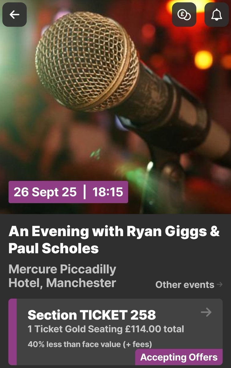 Anyone after a cheap ticket for #RyanGiggs and #PaulScholes at the #MercureManchesterPiccadilly on Friday?

One listed on <a href="/Twickets/">Twickets</a> and it's open to offers, It needs picking up in Preston tho.

#Mufc