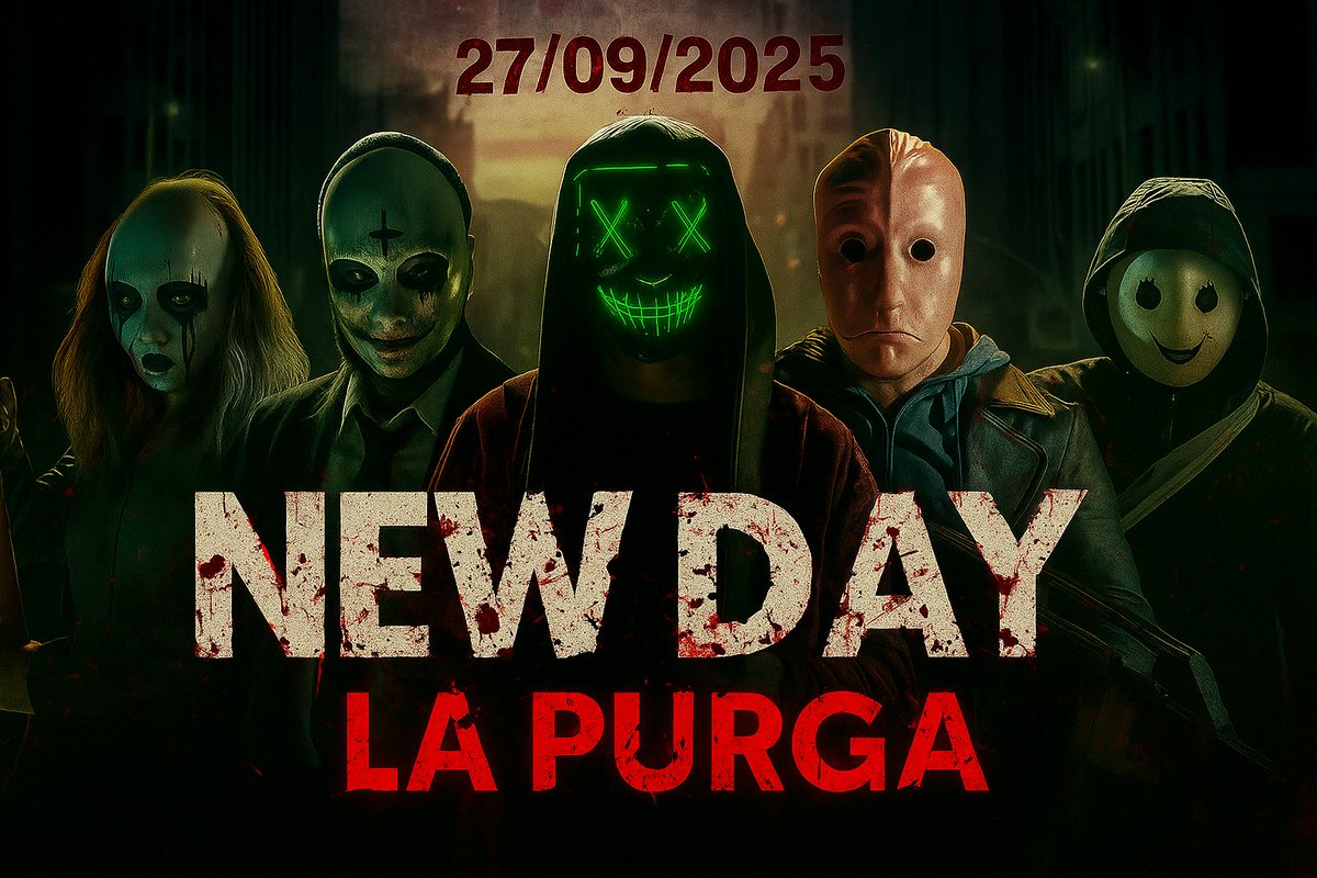 🗓️ Día 27 — 20:00h

Para finalizar la V1 viene la Primera edición de LA PURGA.
Ciudadanos de New Day... el momento ha llegado. Cuando caiga la noche, las reglas serán borradas. Ese día todo será posible.

⚠️ Se ha decretado la Primera Purga:

No faltes. La Purga te espera