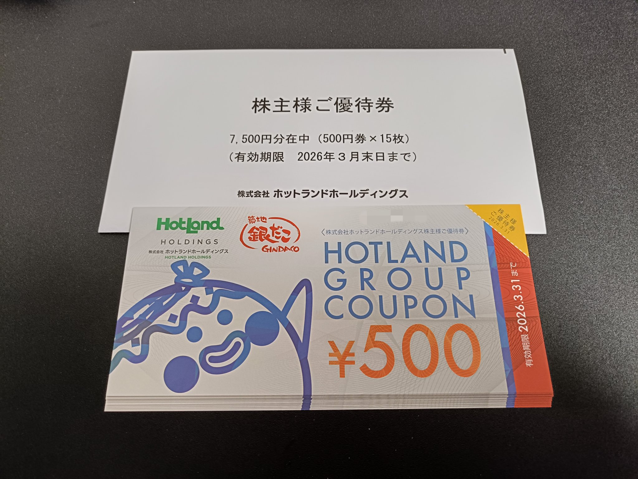 ホットランド 株主優待 7500円分 銀だこ ホットランド 株主様ご優待券 7500円分