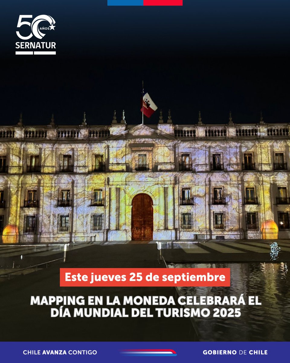 #Mapping 🥳🥳
¡Es hoy, es hoy! Aunque el 2️⃣7️⃣ de septiembre es oficialmente el Día Mundial del Turismo, en Chile lo celebramos hoy con un mapping en La Moneda.

Coordenadas:
📆 Jueves 25 de septiembre, 20:00 horas
📍Frontis Palacio de La Moneda

Más info: sernatur.cl/mapping-en-la-…