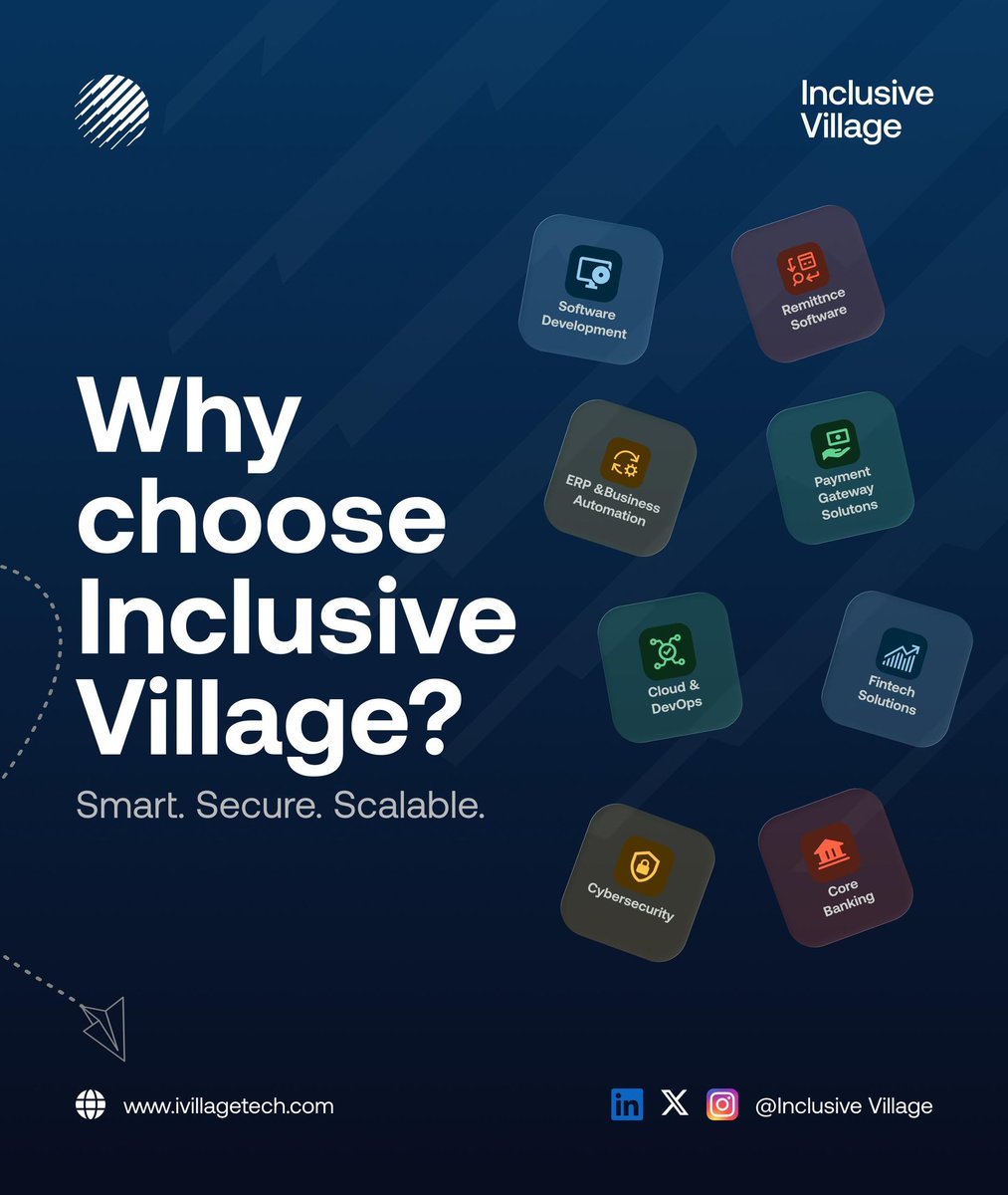 ivillagetech's tweet photo. Why Inclusive Village?
Growth needs more than tools, it needs a partner.
•Smart Systems: solving real pain points •Secure by Design: cyber-first.
•Scalable Solutions: built to grow
We don’t just build tech. We build trust. 
https://t.co/5SVfiD8vLT
#WhyChooseUs #techforgrowth https://t.co/ATXgrZMdo7