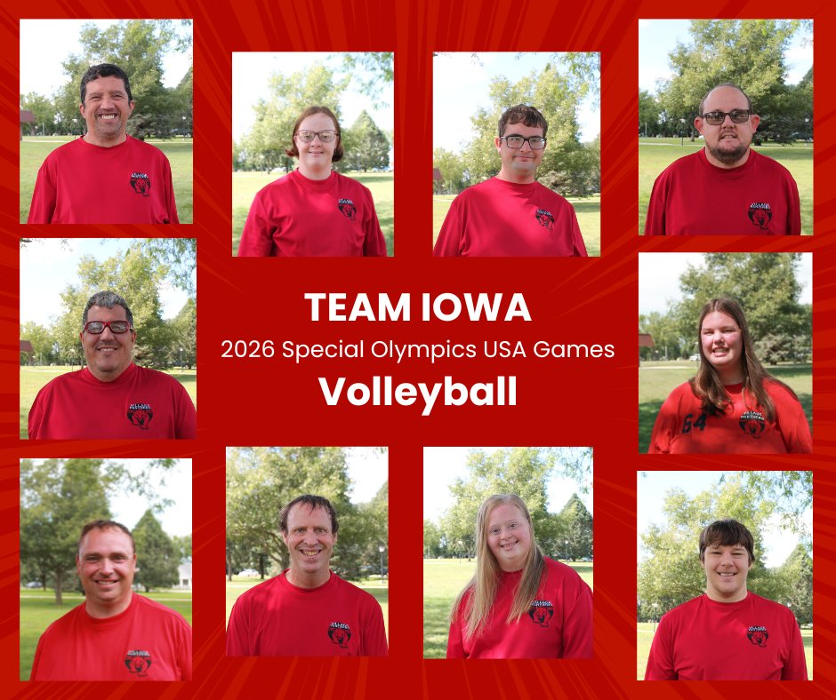 Introducing the athletes representing Team Iowa in volleyball at the 2026 Special Olympics USA Games!

Charles White, Allie Ernst, Colby Huffman, Travis Klein
Matt Kramer, Keyanna Brower
Scott Wheeler, John List, Isabel Back, Dan DeBoer

#SpecialOlympics #VillagePanthers