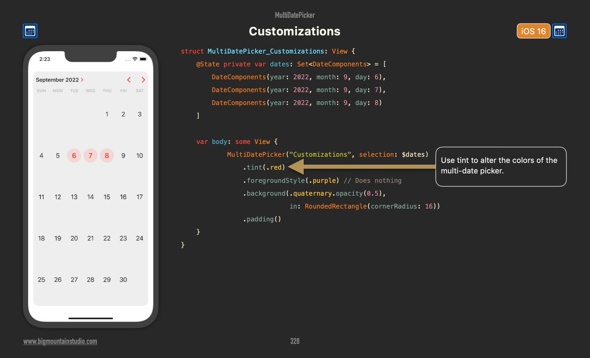 BigMtnStudio's tweet image. ❓How do I customize a MultiDatePicker in SwiftUI?
💡You can use the .tint() modifier to change colors, with .background() for custom backgrounds.
👉Free #SwiftUI picture book at bigmtn.studio