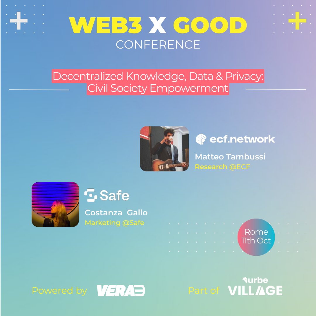 v_era3's tweet image. Decentralize knowledge. Protect privacy. Empower people. 🌍🔐

At Web3 x Good Conf (Oct 11, Rome).

@matteotambussi (cofounder @spaghetteth, researcher @ethereumecf) &amp;amp; @costgallo (marketing @safe) will drop a duet on civil society in the age of Web3!

Part of Urbe Village 🏕️…