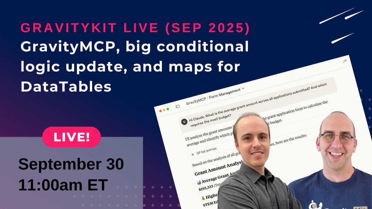 GravityView's tweet image. GravityKit Live! is back on September 30 at 11am ET. 

We&apos;re covering:

🤖 GravityMCP: Connect AIs like Claude to Gravity Forms

🔃 Smarter conditional logic

🗺️ Maps support for GravityView DataTables

💬 live Q&amp;amp;A!

Register now! 👉 gravitykit.com/live/