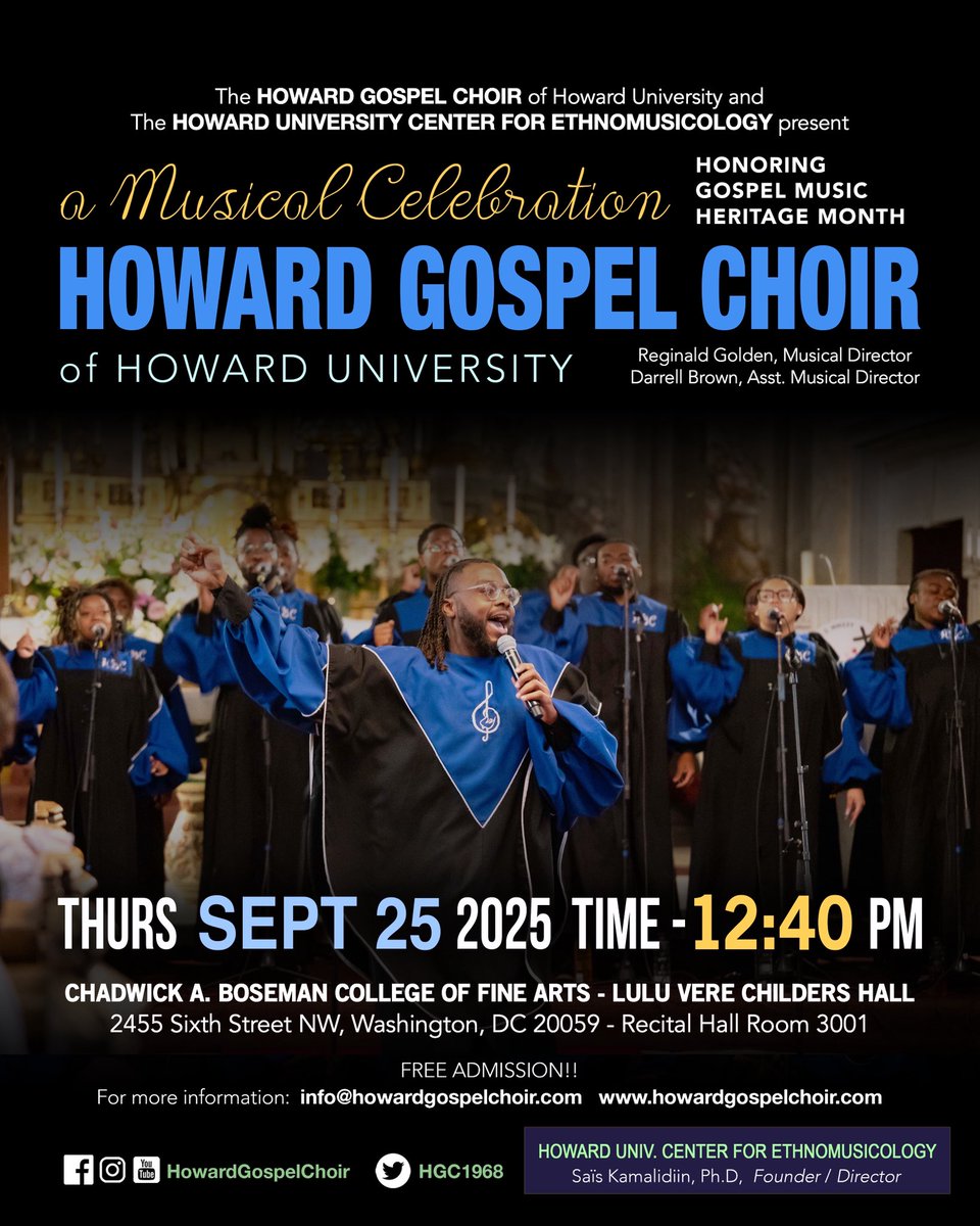 TODAY ⏰ THURSDAY (9/25) • 12:40PM @hufinearts • Join the Howard Gospel Choir of Howard University (<a href="/HGC1968/">Howard Gospel Choir</a>) for a celebration of gospel music! 
.
#Thursday #gospelmusic #hgclive #howarduniversity #howardgospelchoir <a href="/HowardU/">Howard University</a>