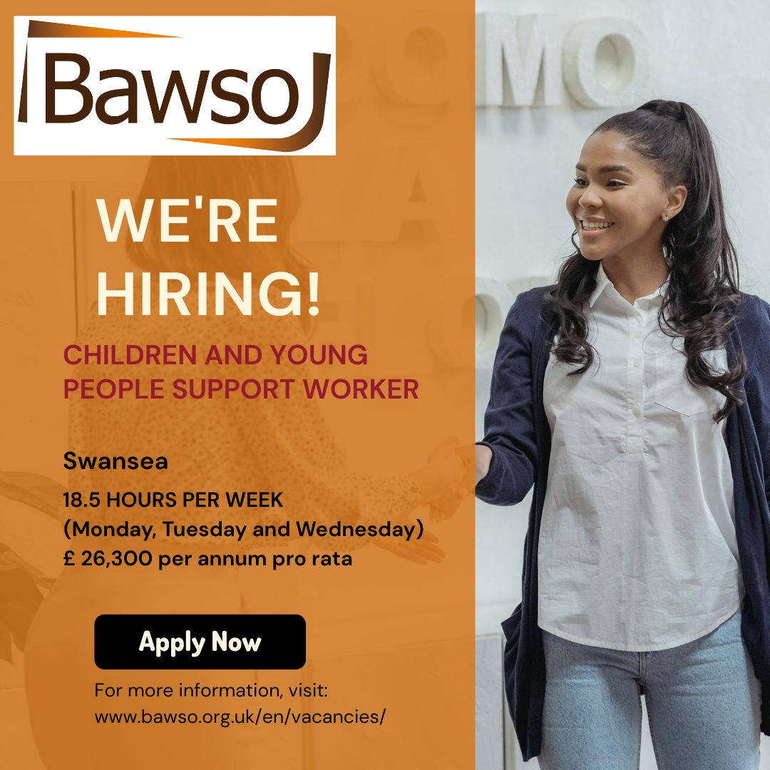 We are seeking to appoint for a Children and Young People Support Worker in Swansea. 

For an informal conversation contact:
Recruitment Team - Tel: 029 20644 633 Email: recruitment@bawso.org.uk
Tel: 029 20644 633 Email: interpreters@bawso.org.uk

<a href="/Bawso/">Bawso</a> #Jobs #JobOpportunity