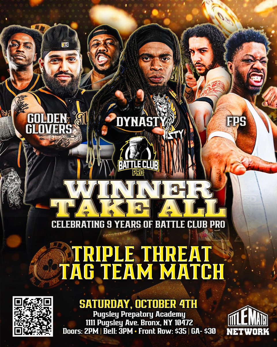 🚨 #breakingnews 🚨

Winner Take All
9 Year Anniversary! 

Oct 4, 2025 @pugsleyprep
1111 Pugsley Ave, Bronx NY 3pm

2 Triple Threat Tag Matches

Front Row Almost Sold Out

Flash Sale until Oct 2nd 
All GA Tix $20

brownpapertickets.com/event/6695421