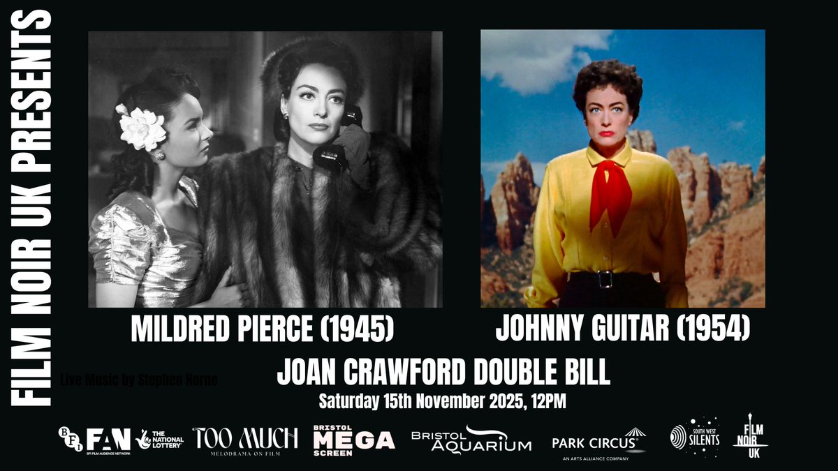 FilmNoirUK's tweet photo. See Joan Crawford in not only #FilmNoir Mildred Pierce (1945) on the biggest screen in #Bristol (@MegascreenBri) but also see her in #Trucolor in Nicholas Ray's noiresque Johnny Guitar (1954)! Part of the @BFI's #Melodrama season. More info: https://t.co/IHf3NYKS5r https://t.co/ZSgsYqupgM