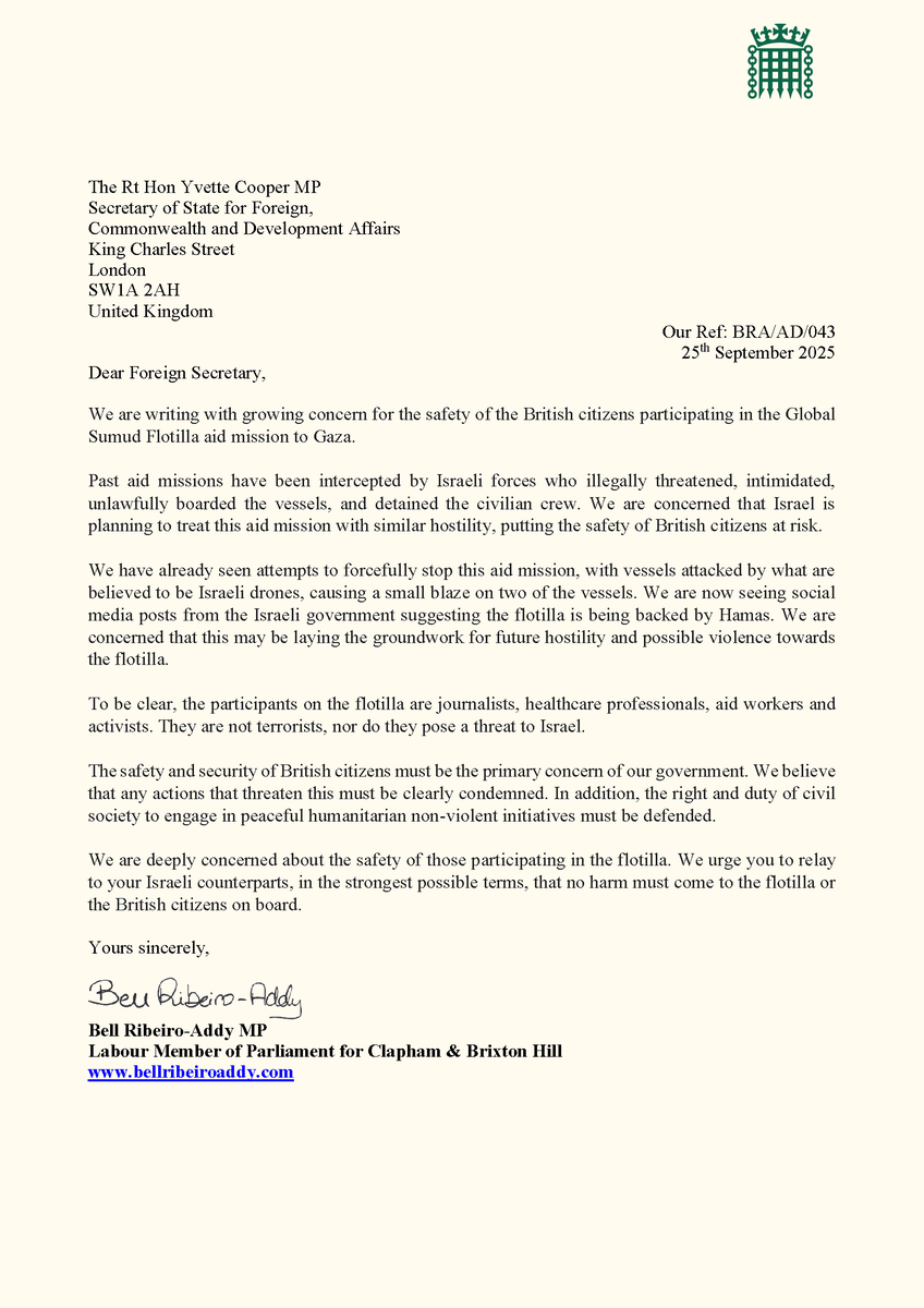 BellRibeiroAddy's tweet image. 84 MPs &amp;amp; Peers have written to the Foreign Secretary today, highlighting attacks on @gbsumudflotilla as it sails to deliver aid to Gaza.

We urge the Government to condemn these attacks and make it clear to Israeli counterparts that no harm must come to these humanitarians.